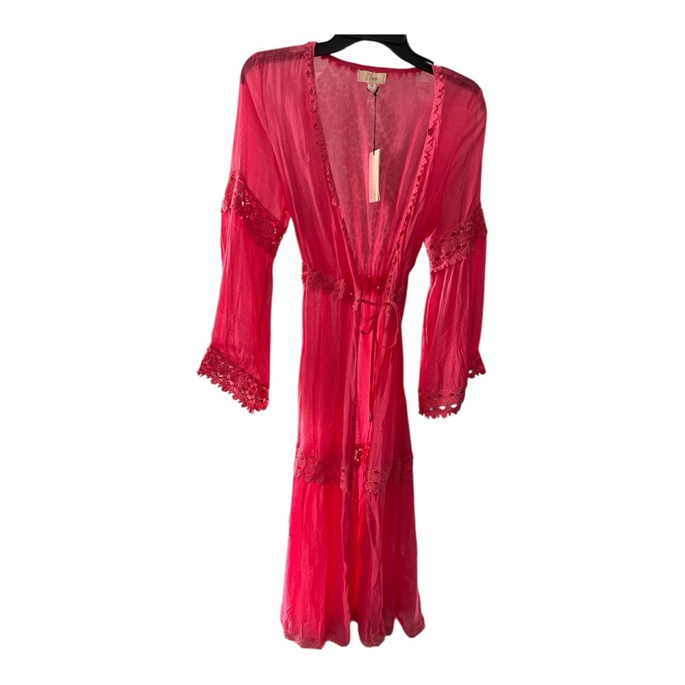 NWT Elan Pink Boho Kimono Kaftan Robe Bell Sleeves Tie Waist Size M Resortcore - Picture 3 of 9